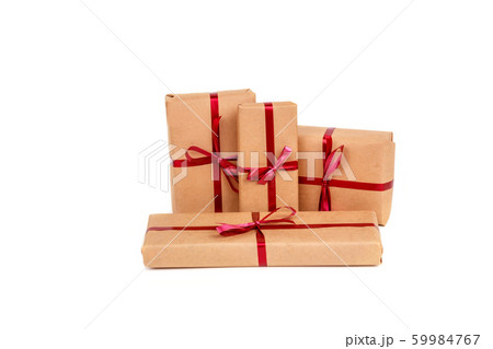 Gift Boxes in Craft Wrapping Paper with Red 59984767