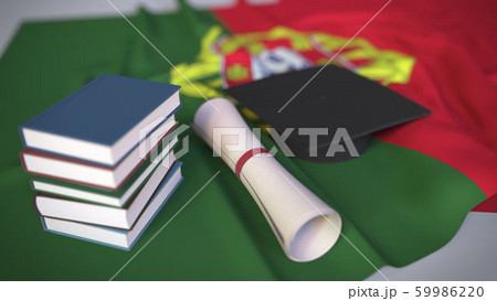 Graduation cap, books and diploma on the Portuguese flag. Higher education in Portugal related conceptual 3D rendering Graduation cap, books and diploma on the Portuguese flag. Higher education in Portugal related conceptual 3D rendering 59986220