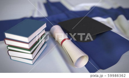 Graduation cap, books and diploma on the Finnish flag. Higher education in Finland related conceptual 3D rendering Graduation cap, books and diploma on the Finnish flag. Higher education in Finland related conceptual 3D rendering 59986362