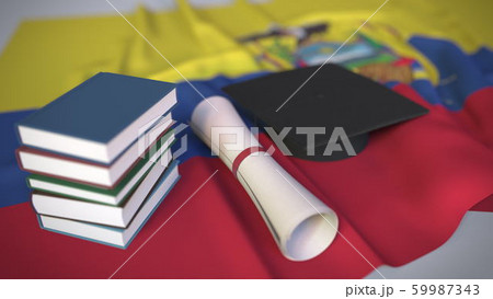 Graduation cap, books and diploma on the Ecuadorian flag. Higher education in Ecuador related conceptual 3D rendering Graduation cap, books and diploma on the Ecuadorian flag. Higher education in Ecuador related conceptual 3D rendering 59987343