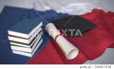 Graduation cap, books and diploma on the Czech flag. Higher education in the Czech Republic related conceptual 3D rendering Graduation cap, books and diploma on the Czech flag. Higher education in the Czech Republic related conceptual 3D rendering 59987358