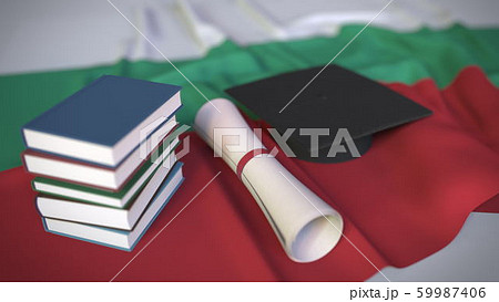 Graduation cap, books and diploma on the Bulgarian flag. Higher education in Bulgaria related conceptual 3D rendering Graduation cap, books and diploma on the Bulgarian flag. Higher education in Bulgaria related conceptual 3D rendering 59987406