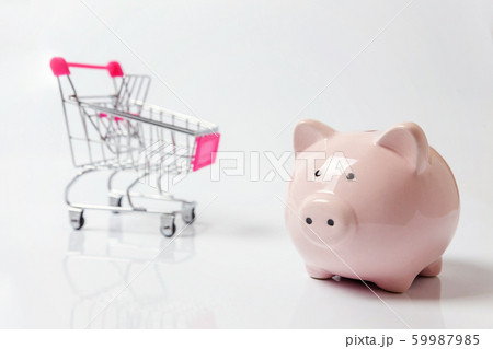 Sopping cart and piggy bank on white background Sopping cart and piggy bank on white background 59987985