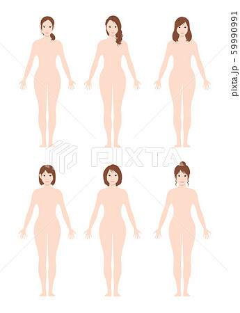 日本人 アジア人 女性 全身 裸 ヌード シルエット 輪郭 イラストセットのイラスト素材