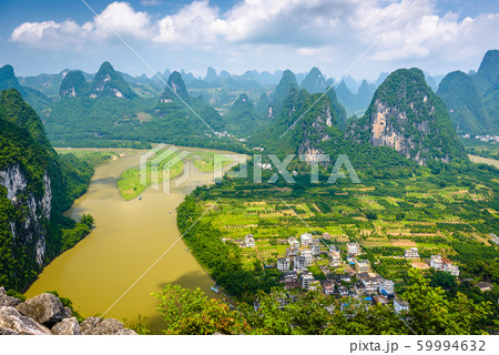Karst Mountain landscape on the Li River in rural Guilin, China. 59994632