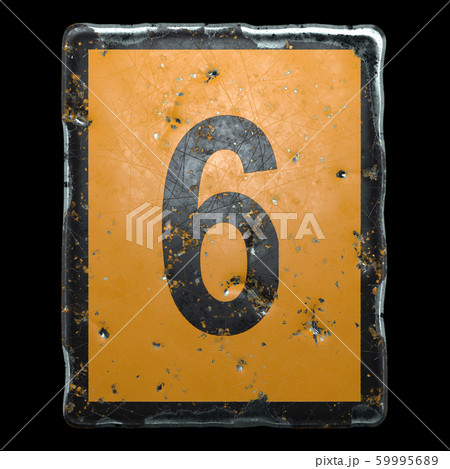Public road sign orange and black color with a capital letter 6 in the center isolated on black background. 3d Public road sign orange and black color with a capital letter 6 in the center isolated on black background. 3d 59995689