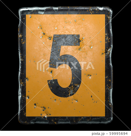 Public road sign orange and black color with a capital letter 5 in the center isolated on black background. 3d 59995694