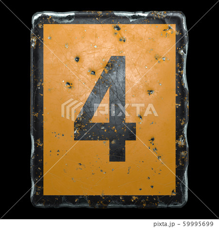Public road sign orange and black color with a capital letter 4 in the center isolated on black background. 3d 59995699
