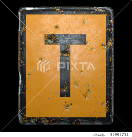 Public road sign orange and black color with a capital letter T in the center isolated on black background. 3d 59995751