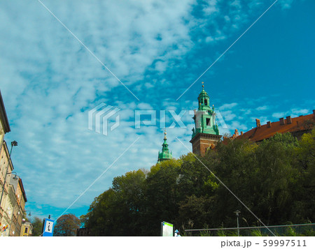 Very old tower of Wawel castle (Polish kings castle) famous landmark in Krakow, Poland. Medieval castle in Europe Very old tower of Wawel castle (Polish kings castle) famous landmark in Krakow, Poland. Medieval castle in Europe 59997511