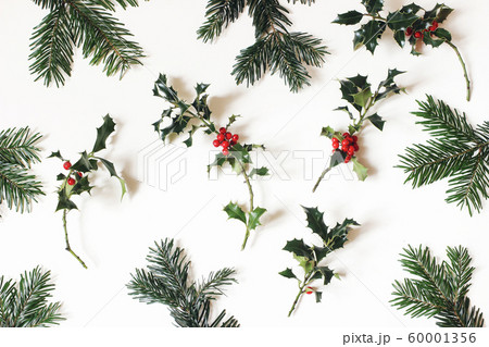 Christmas natural floral pattern. Composition of red holly berries and green fir tree branches isolated on white table background. Winter natural decoration. Botanical festive flat lay, top view. Christmas natural floral pattern. Composition of red holly berries and green fir tree branches isolated on white table background. Winter natural decoration. Botanical festive flat lay, top view. 60001356