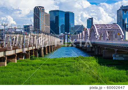 大阪・淀川河川敷と梅田の高層ビル 60002647