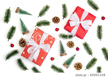 Christmas holiday composition with red gift box and decoration isolated on white background 60005108