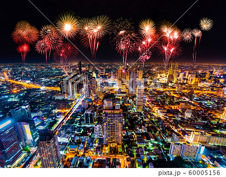 Fireworks celebrating over Bangkok cityscape at Fireworks celebrating over Bangkok cityscape at 60005156