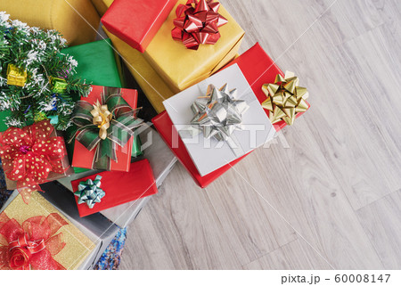 Gift boxes, Christmas present on wooden floor 60008147