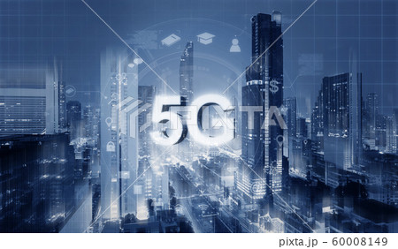 Futuristic city with 5G internet and application icons, Smart city Futuristic city with 5G internet and application icons, Smart city 60008149