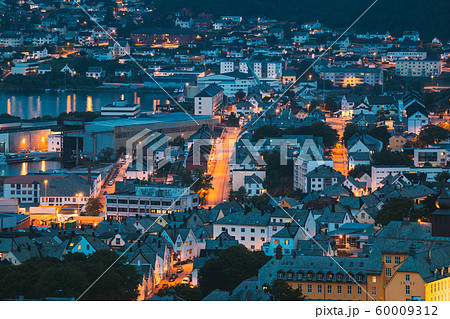 Alesund, Norway. Night View Of Residential Area In Alesund Skyline. Cityscape In Summer Evening 60009312