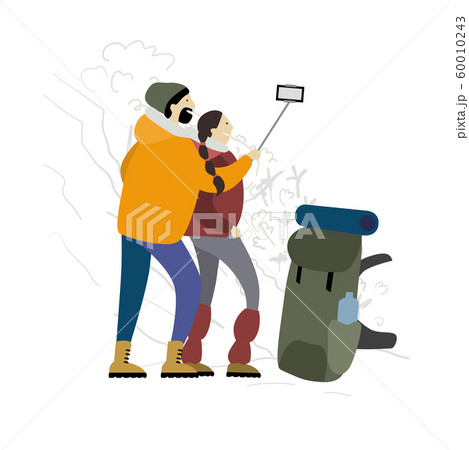 Couple of Hikers with backpacks takes selfie in mountains Couple of Hikers with backpacks takes selfie in mountains 60010243