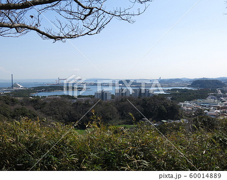 横浜市金沢区の称名寺市民の森にある八角堂広場からの眺め（南東側　八景島・野島・東京湾・房総半島方向） 60014889