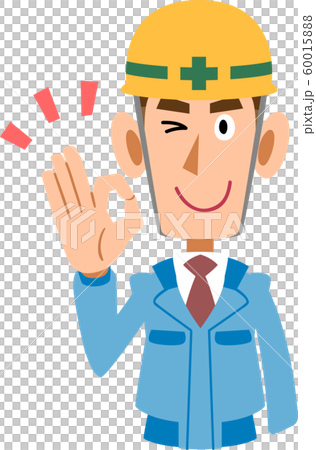一個穿著藍色工作服的建築工地上的人顯示一個好的手勢 60015888