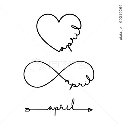 April - word with infinity symbol, hand drawn heart, one black arrow line. Minimalistic drawing of phrase illustration April - word with infinity symbol, hand drawn heart, one black arrow line. Minimalistic drawing of phrase illustration 60016266