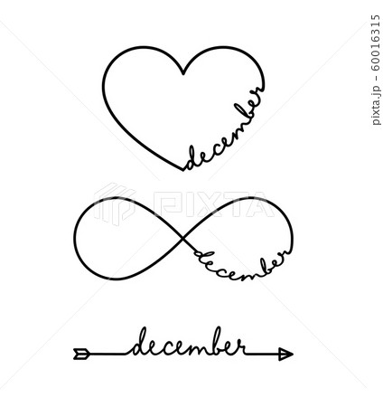 December - word with infinity symbol, hand drawn heart, one black arrow line. Minimalistic drawing of phrase illustration 60016315