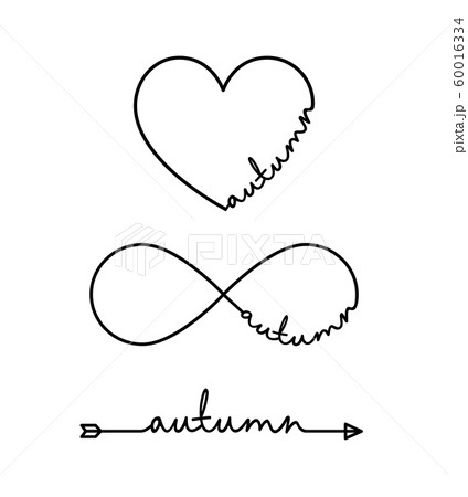 Autumn - word with infinity symbol, hand drawn heart, one black arrow line. Minimalistic drawing of phrase illustration Autumn - word with infinity symbol, hand drawn heart, one black arrow line. Minimalistic drawing of phrase illustration 60016334