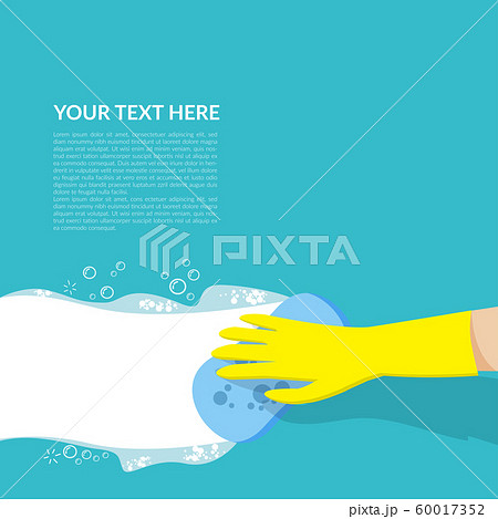 vector of hand with yellow rubber glove holding blue sponge cleaning with white bubble detergent isolated on blue background with copy space for text or logo 60017352