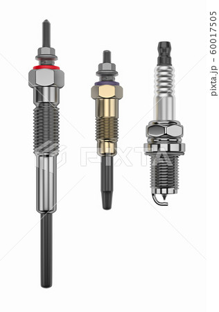 Two types of glow plug and spark plug on a white background. 3d rendering 60017505