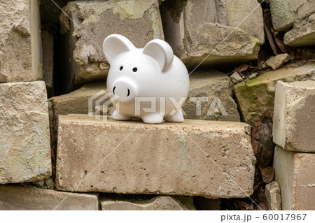 Piggy bank on the pile of old bricks 60017967