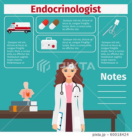 Female endocrinologist and medical equipment icons Female endocrinologist and medical equipment icons 60018424