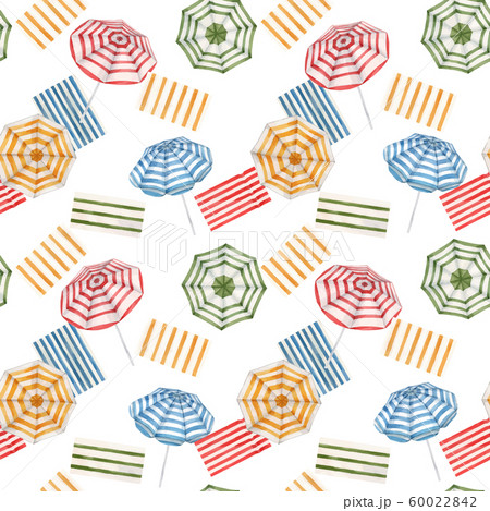 Beautiful vector watercolor seamless pattern with beach sun umbrellas. Ready summer print for swimwear fabric. 60022842