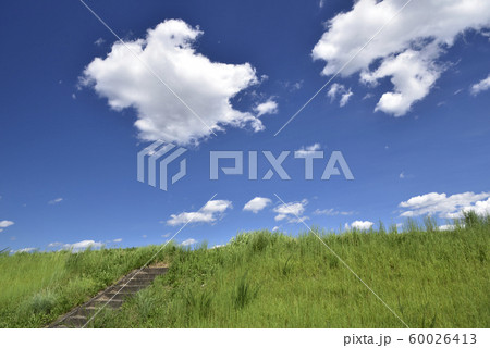 青空と雲と土手と階段の背景素材　『天空へと続く階段』　暑中見舞い　テンプレート 60026413