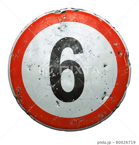 Public road sign in red and white with a capitol letter 6 in the center isolated on white background. 3d 60026719