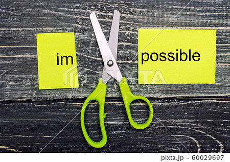 Impossible Is Possible Concept. card with the text impossible, scissors cut a word to them. success and challenge concept. I can, goal achievement, potential, overcoming 60029697