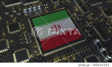 National flag of Iran on the operating chipset. Iranian information technology or hardware development related conceptual 3D rendering 60034283