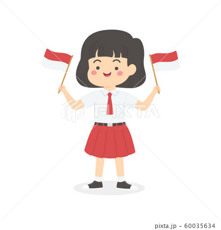 Cute Indonesian Elementary School Girl Student with Red and White Uniform Holding Flag, Indonesia Independence Day Cartoon Vector Illustration Cute Indonesian Elementary School Girl Student with Red and White Uniform Holding Flag, Indonesia Independence Day Cartoon Vector Illustration 60035634