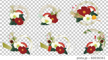 椿の花と縁起物のお正月飾り年賀状素材のイラスト素材