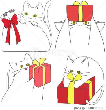 ネコとプレゼント4種 白猫 金の瞳 のイラスト素材