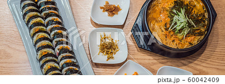 ramen noodles and gimbap meal national korean food BANNER, LONG FORMAT ramen noodles and gimbap meal national korean food BANNER, LONG FORMAT 60042409