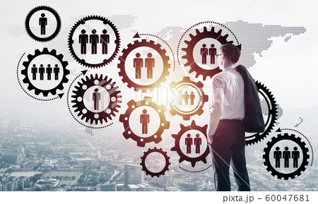 Concept of business success and control with confident boss against cityscape background Concept of business success and control with confident boss against cityscape background 60047681
