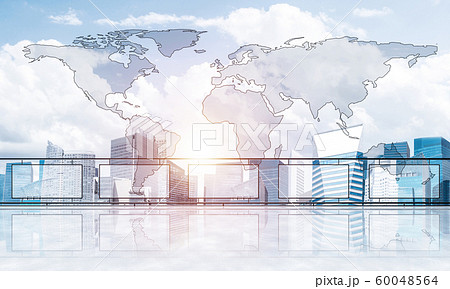 Concept of global communication and networking with world map over cityscape 60048564