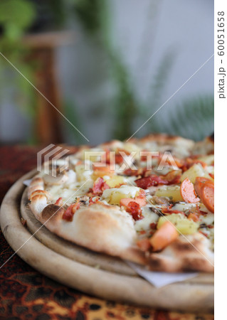 Pizza sausage bacon and pineapple on wooden , pizza hawaiian 60051658