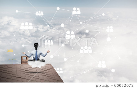 Concept of security and privacy protection with camera headed man meditating Concept of security and privacy protection with camera headed man meditating 60052075
