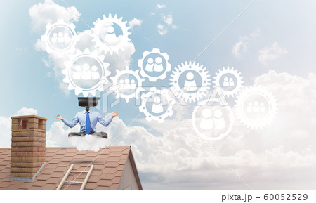 Concept of security and privacy protection with camera headed man meditating Concept of security and privacy protection with camera headed man meditating 60052529