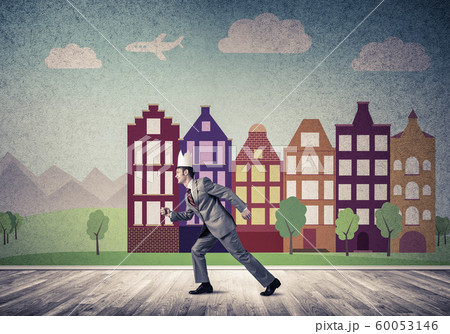 King businessman in elegant suit running and cityscape silhouette at background King businessman in elegant suit running and cityscape silhouette at background 60053146