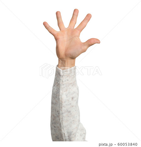 Man hand in white sweater showing spread fingers 60053840