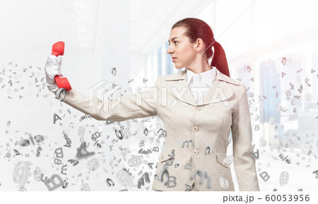 Woman keep at distance vintage red phone Woman keep at distance vintage red phone 60053956