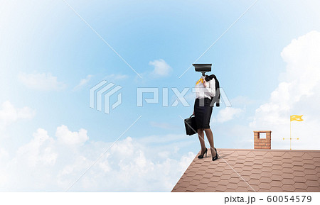 Concept of security and privacy protection with camera headed woman Concept of security and privacy protection with camera headed woman 60054579