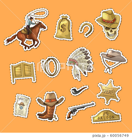 Vector hand drawn wild west cowboy stickers set illustration 60056749
